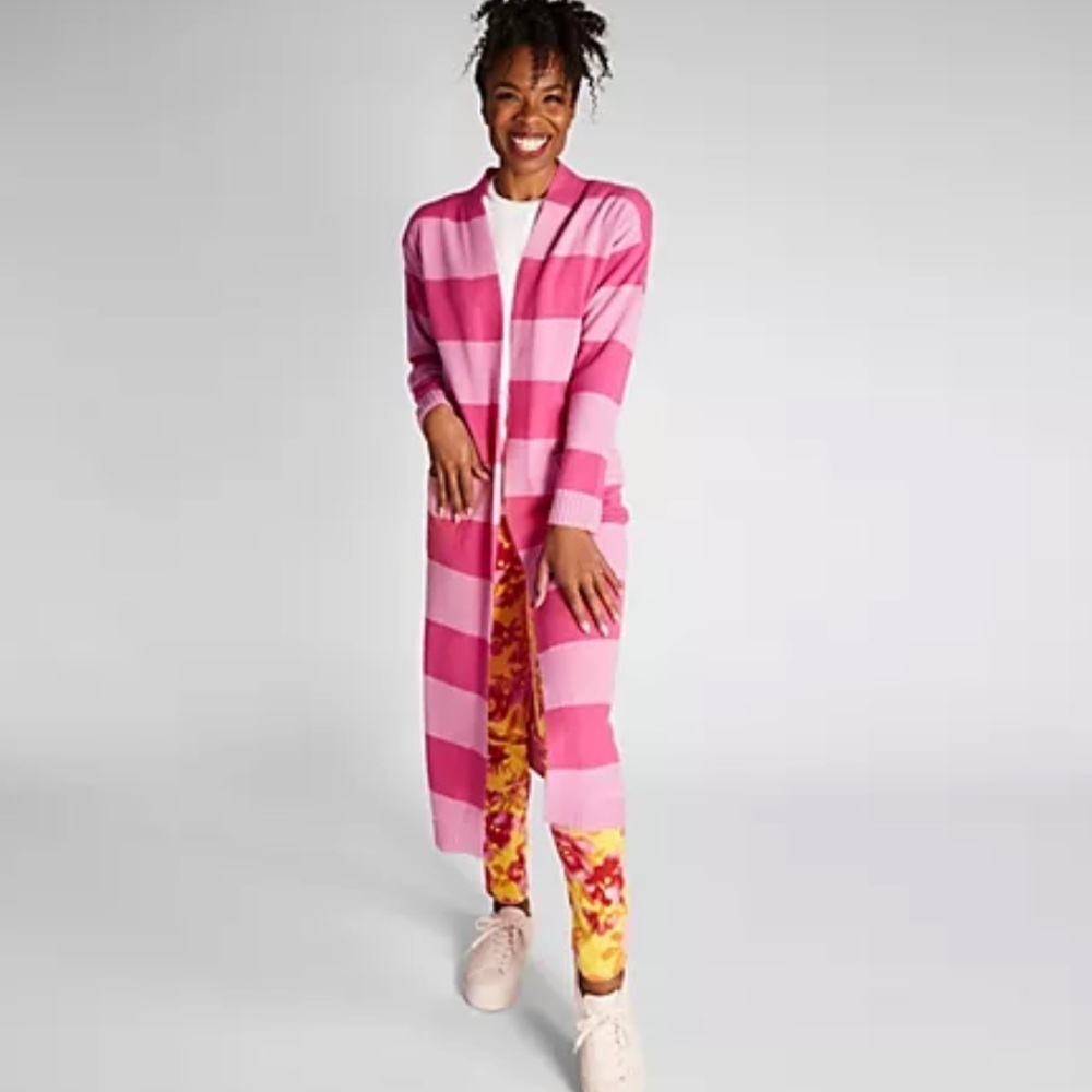 NWOT Isaac Mizrahi 100% Cashmere Pink Striped Duster Open Cardigan Sz XS